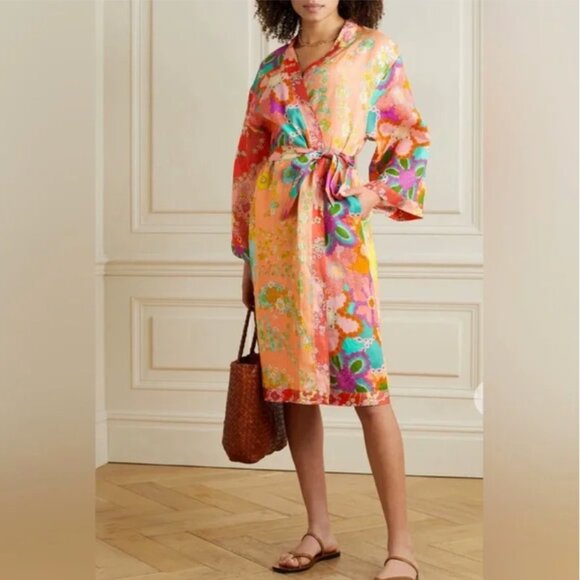 Zimmermann Lola Patchwork Orange Floral-print Linen Robe size 0 Rare Find - Picture 1 of 14